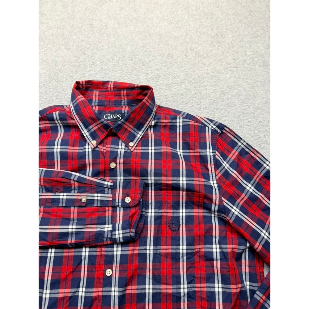 Chaps Mens Plaid Button Down Shirt Red Navy Blue Long Sleeve Crest Logo L